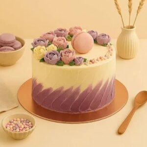 Elegant Floral Buttercream Cake – Pastel Roses & Macaron | Premium Celebration Cake