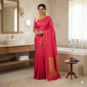 Elegant Pink Silk Saree with Golden Zari Border