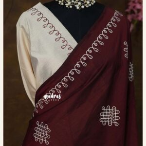 Maroon & Off-White Cotton Saree with Traditional Handblock Print