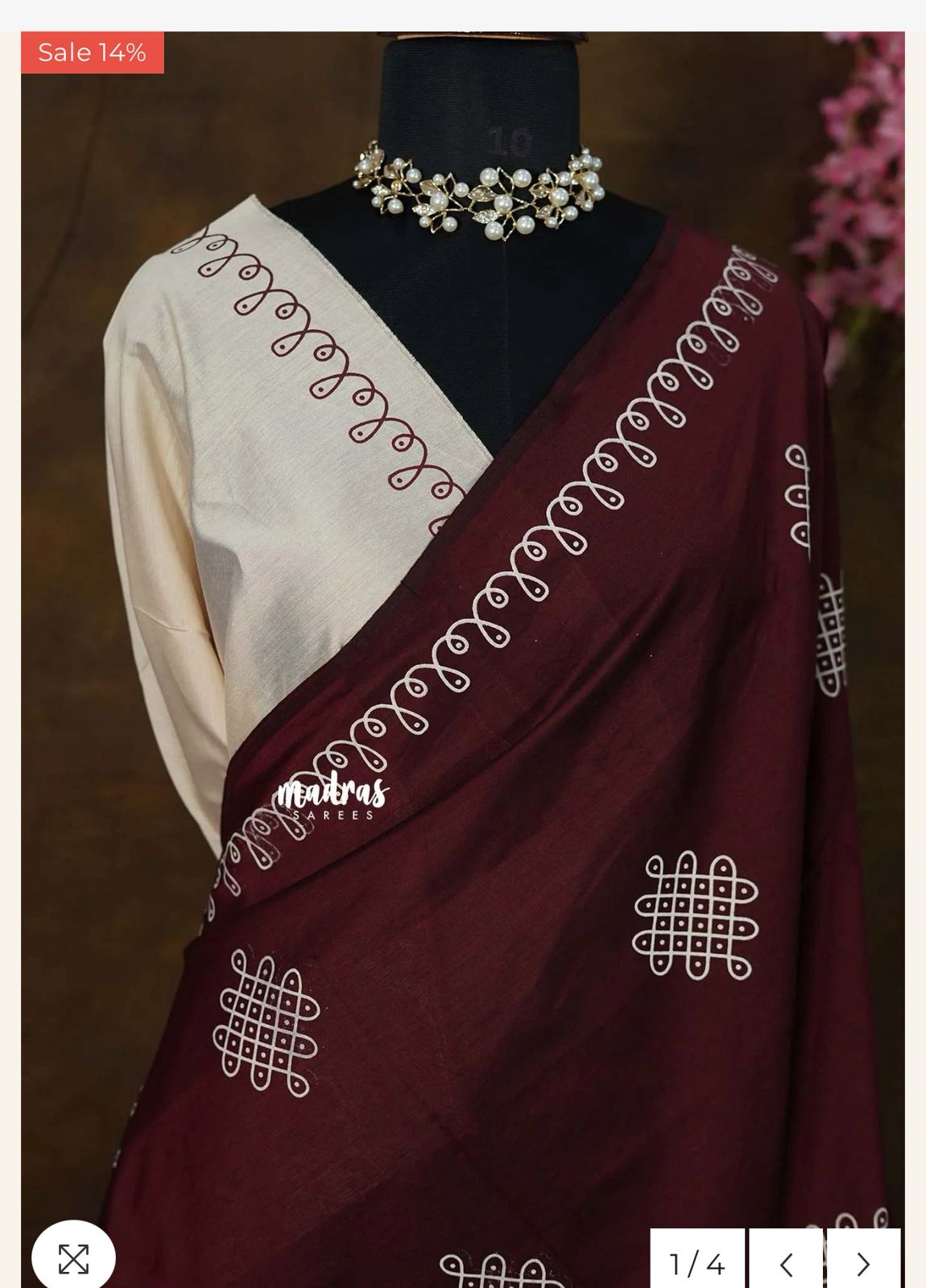 Maroon & Off-White Cotton Saree with Traditional Handblock Print