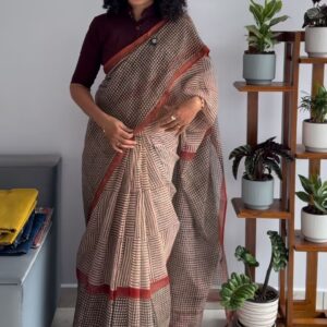 Beige & Maroon Handloom Cotton Saree with Geometric Print