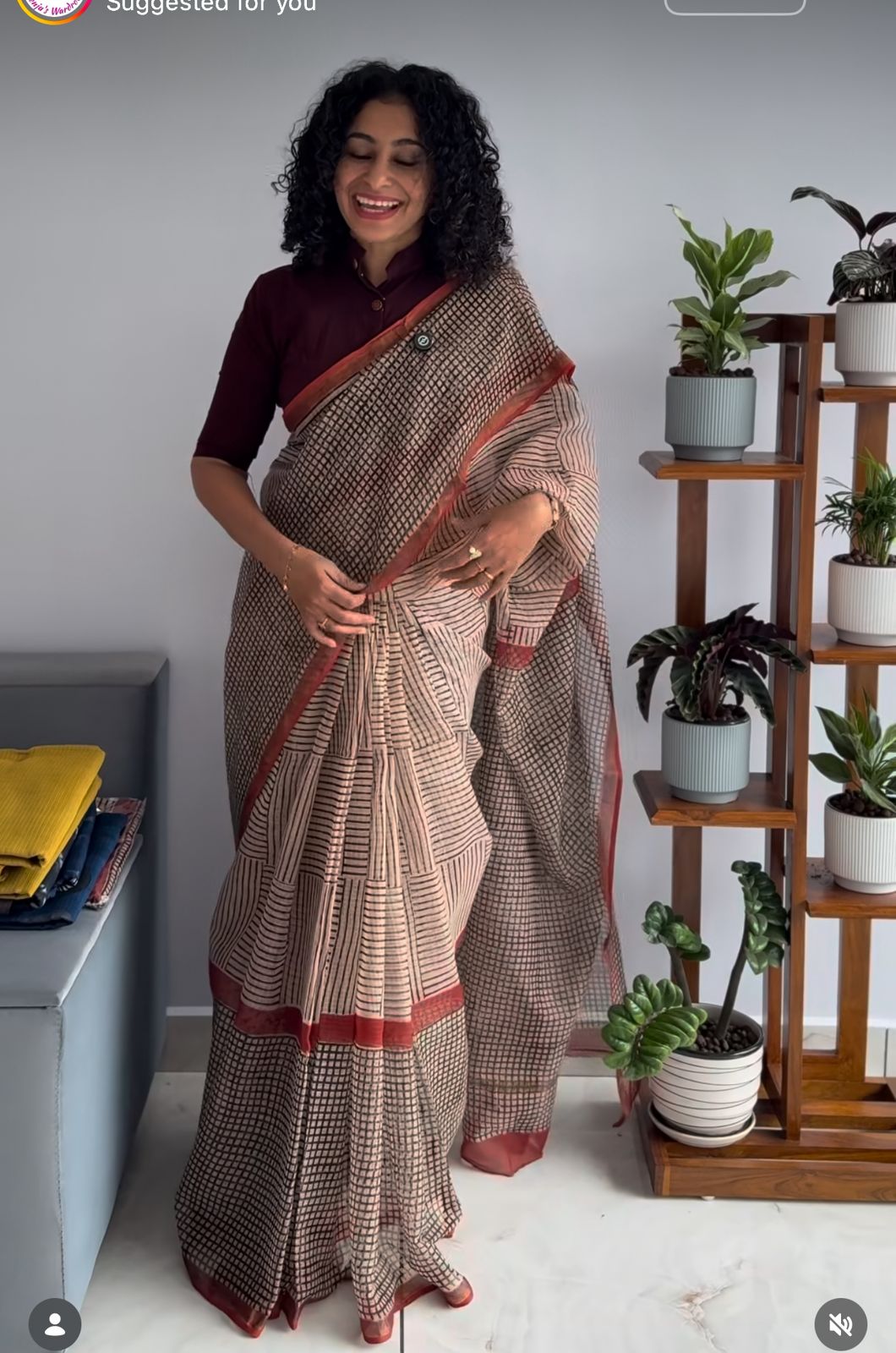 Beige & Maroon Handloom Cotton Saree with Geometric Print