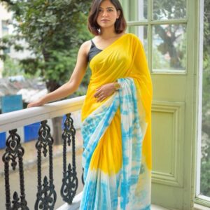 Yellow & Blue Tie-Dye Cotton Saree with Tassel Pallu