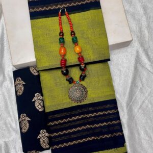 Olive Green & Navy Blue Cotton Silk Saree with Zari Border