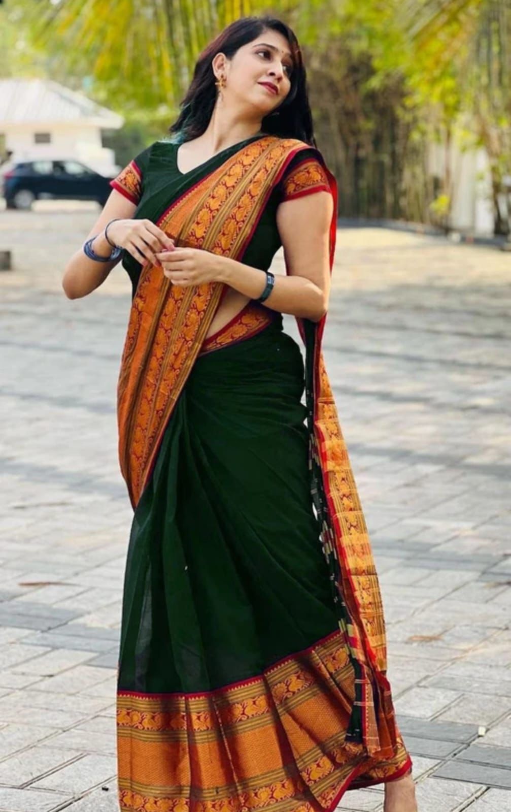 Dark Green Cotton Silk Saree with Mustard Zari Border